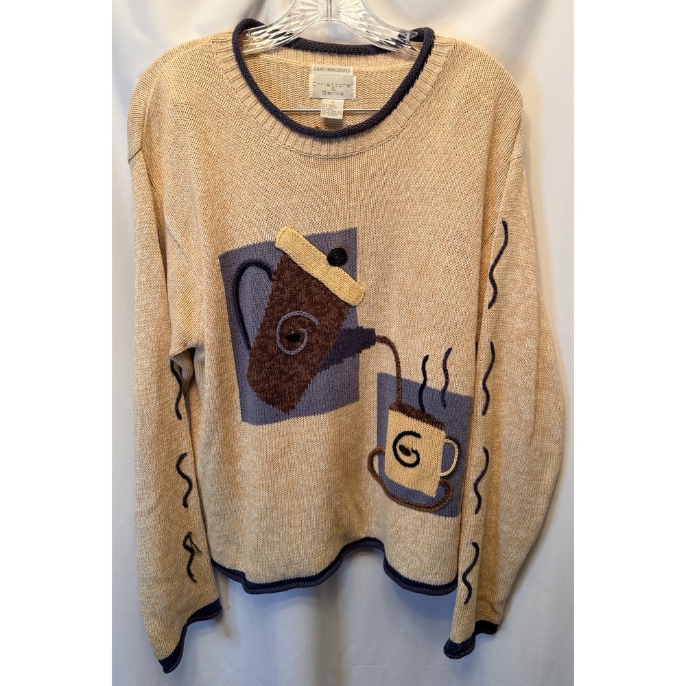 Vintage 90s Christopher & Banks Medium Hand Embroidered Coffee Cup Sweater Tan